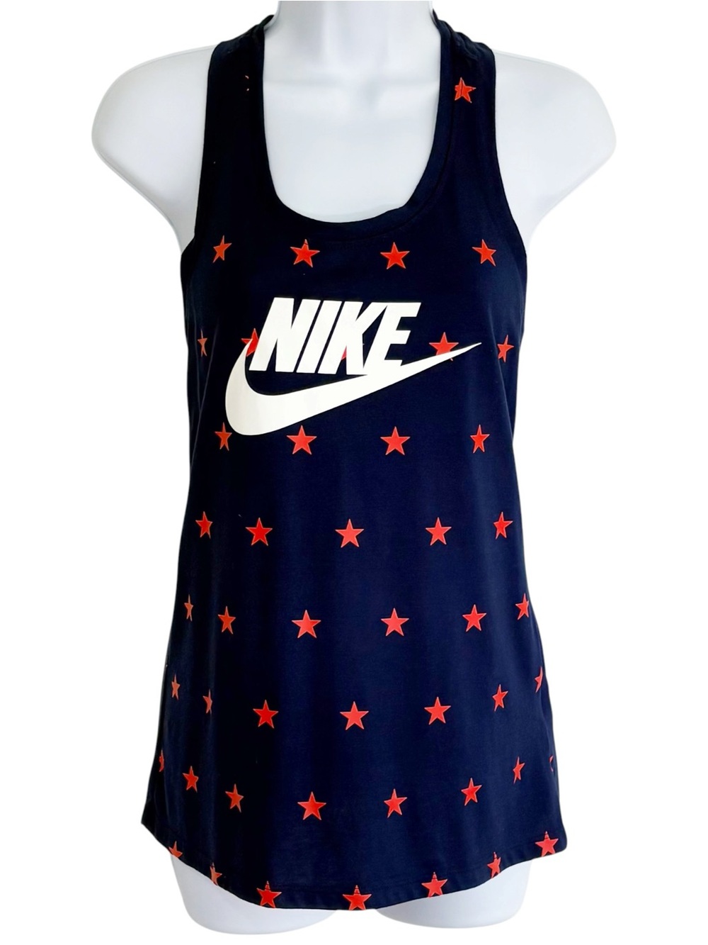 NIKE Patriotic USA Star Print Racerback Tank Red White Blue Swoosh Modal XS